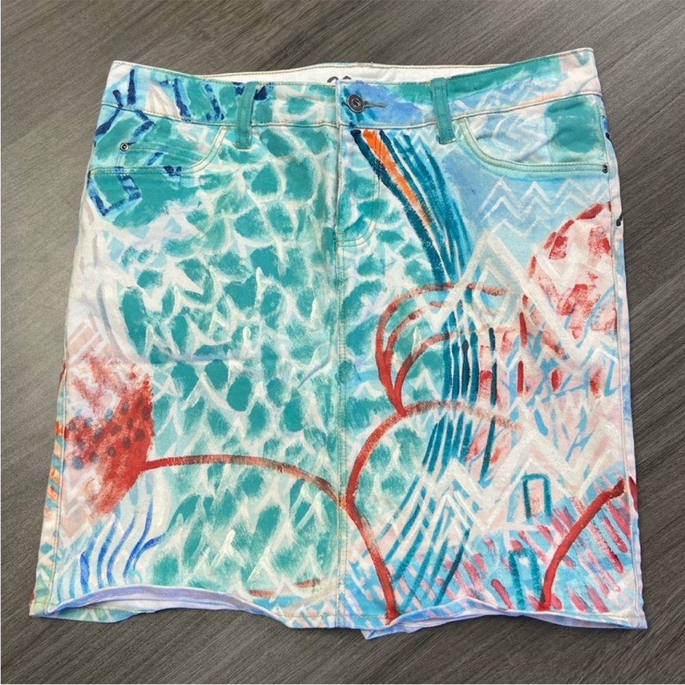 Anthropologie Multicolor Abstract Pencil Skirt hand painted demin Jean skirt 29